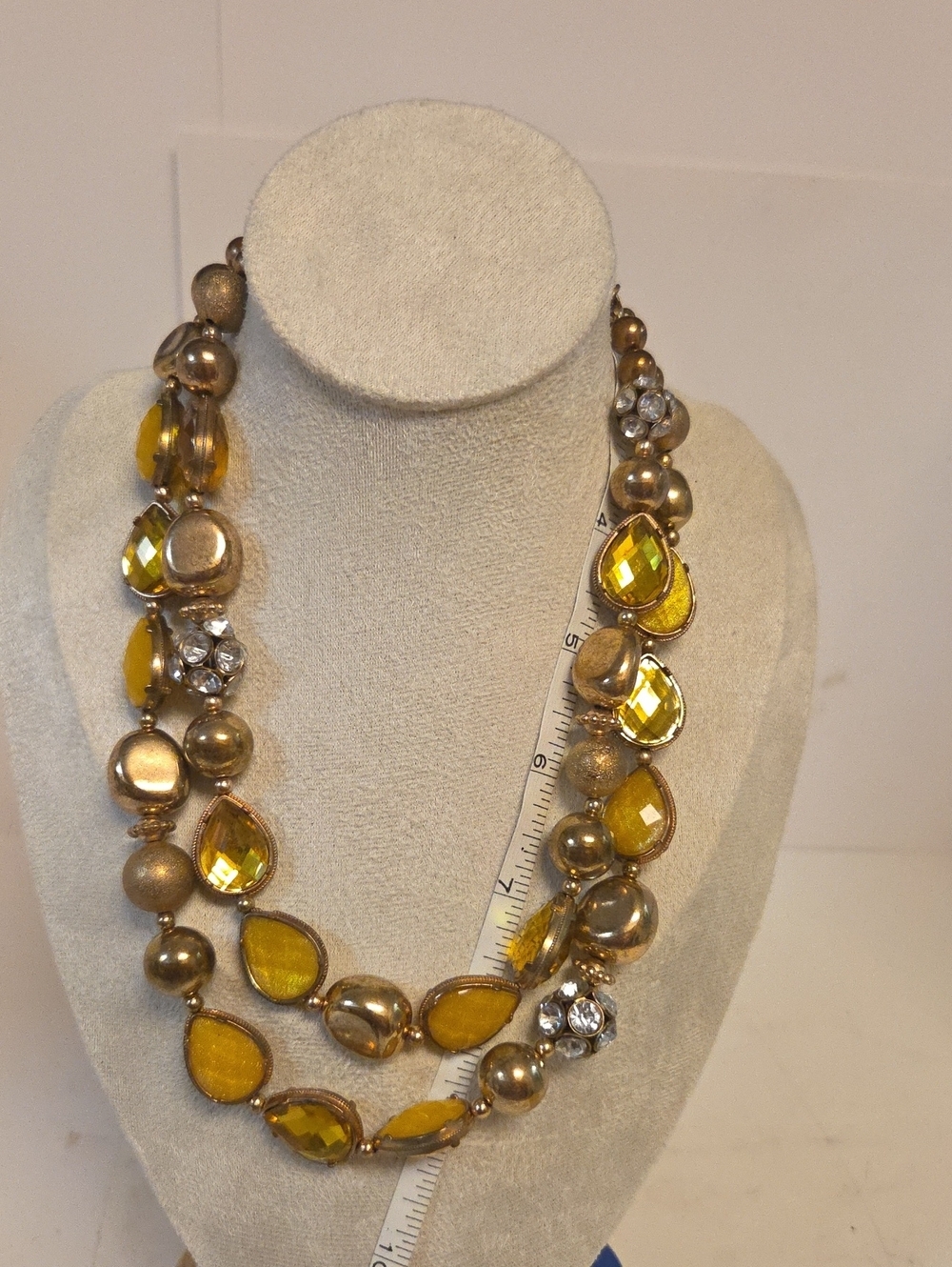 Vintage Double Strand Chunky Bib Neck Mustard Yellow & Gold Rhinestone.